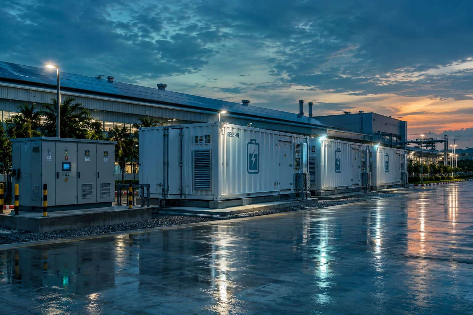 Battery energy storage containers beside a factory at dusk