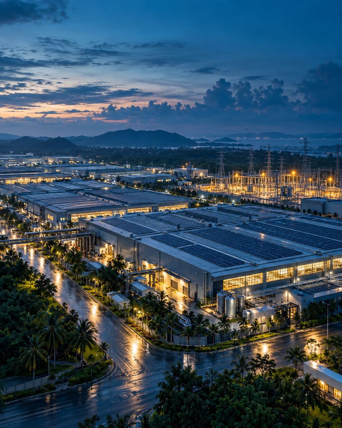 An industrial estate with rooftop solar at dusk