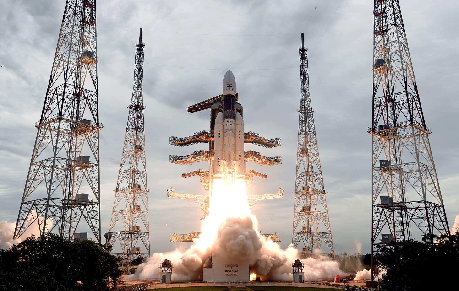 An ISRO launch vehicle lifting off on a lunar mission